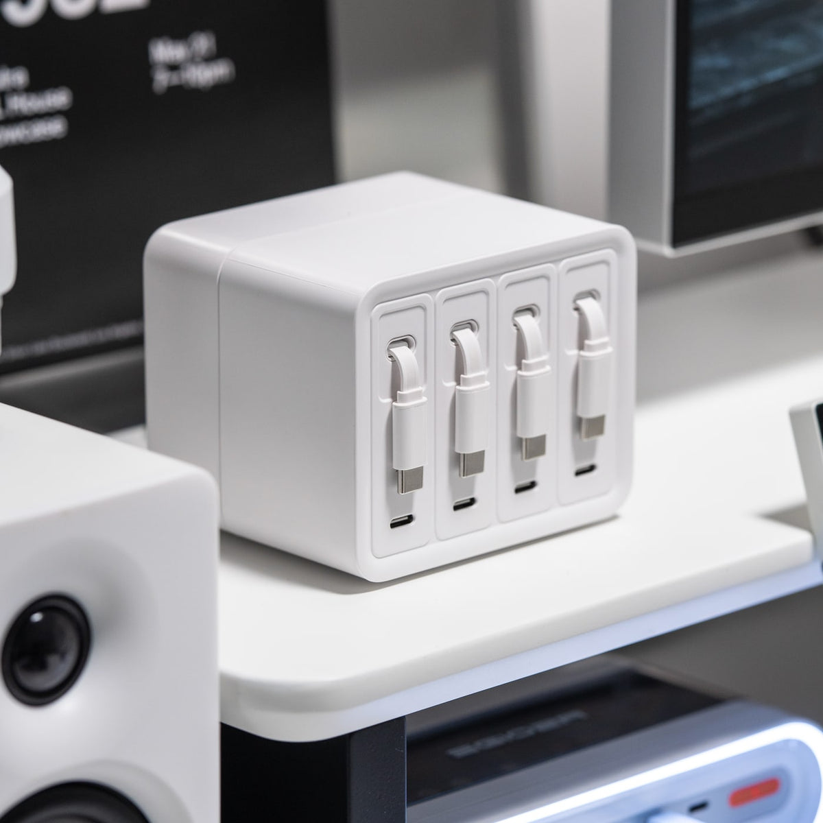 Close view of the F63 retractable cables and four USB-C ports