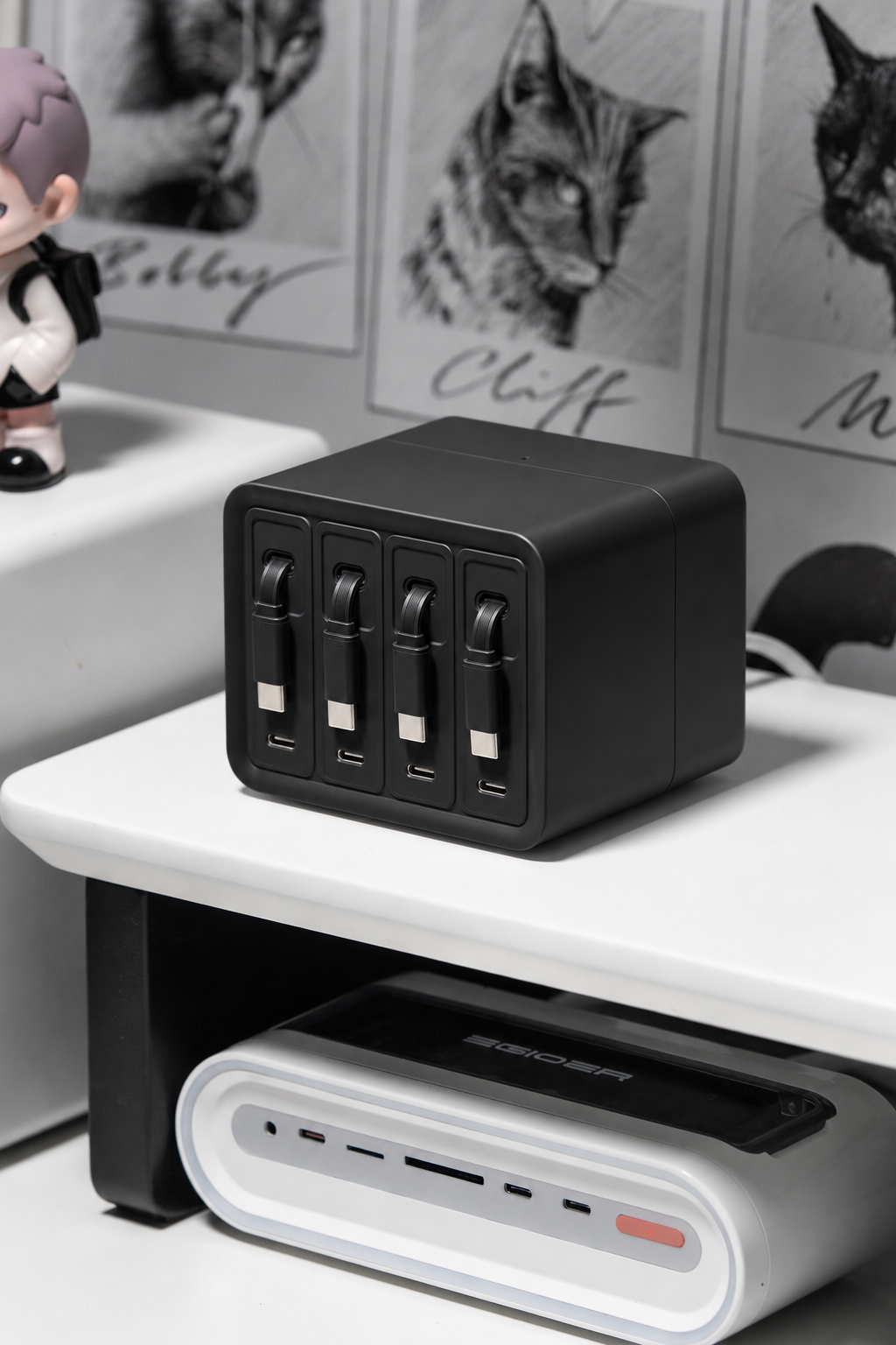 ZEEVANS F63 black desktop charging station in minimalist monochrome workspace