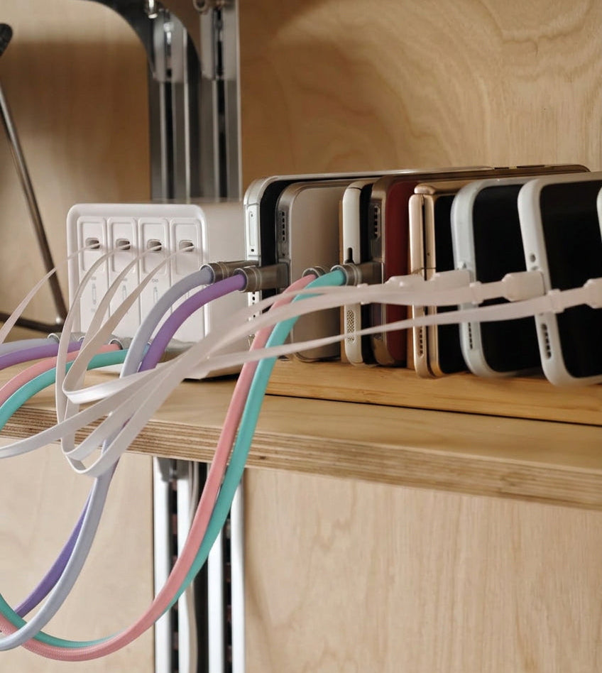 F63 charging multiple phones using built-in cables and USB-C ports