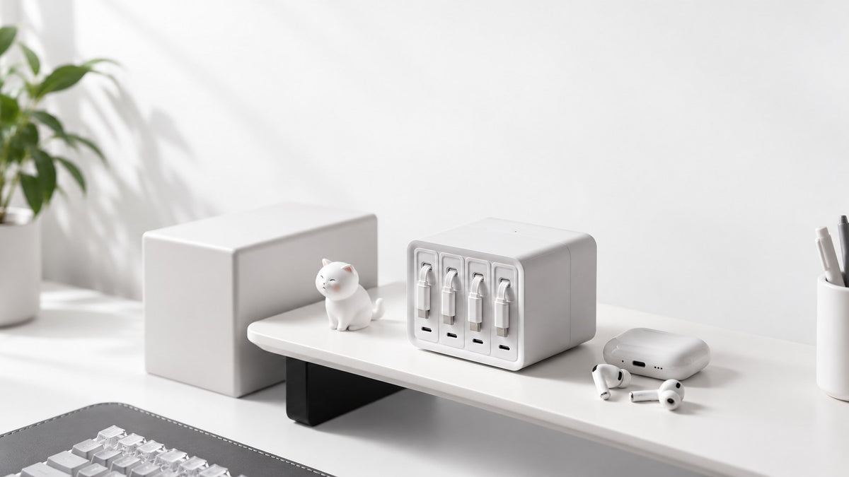 White Zeevans F63 desktop charging station in a calm minimal workspace, expanded wide composition