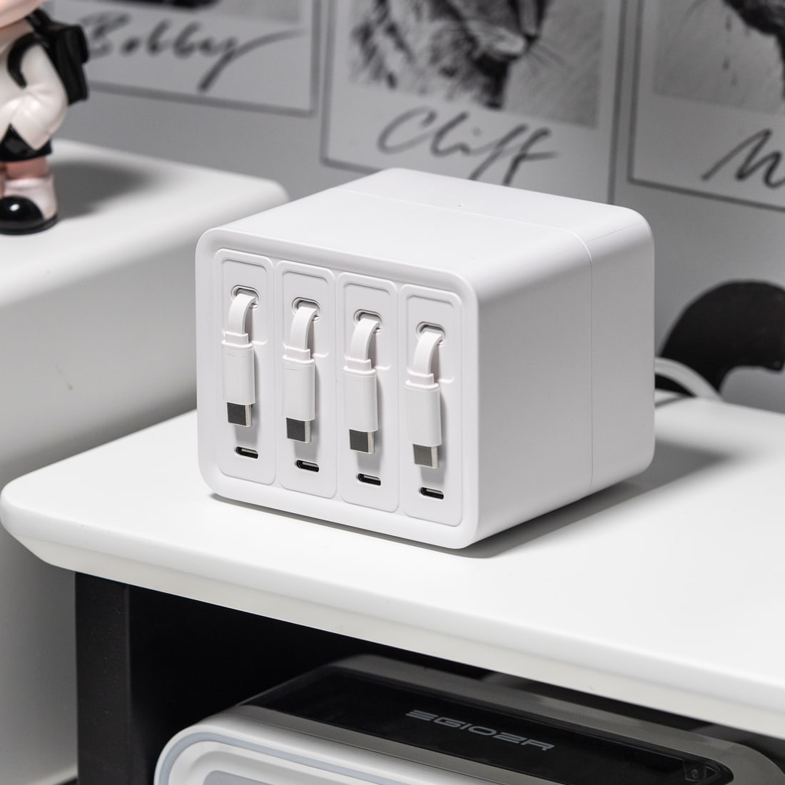 White F63 desktop charging station, three-quarter view